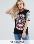 Noisy May Petite Printed T-shirt With Sequin Sleeve - Multi