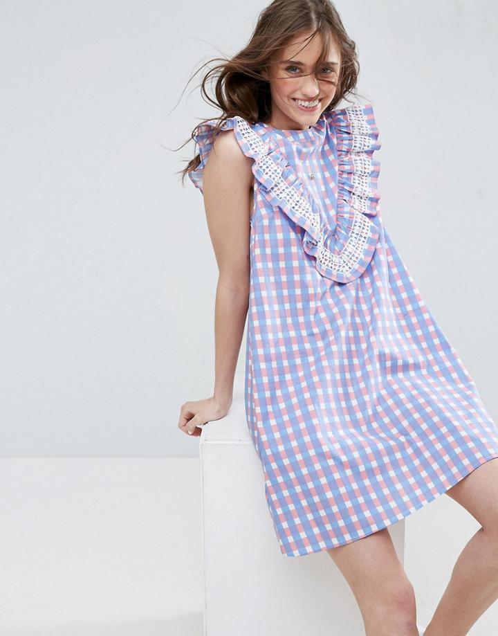 Asos Sleeveless Ruffle Shift Dress In Gingham Check - Multi