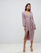 Asos Design Midi Dress In Allover Scatter Sequin With Ribbon Tie Waist - Pink