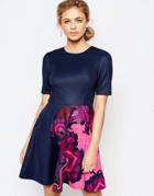 Ted Baker Thabie Skater Dress With Placement Print - Navy