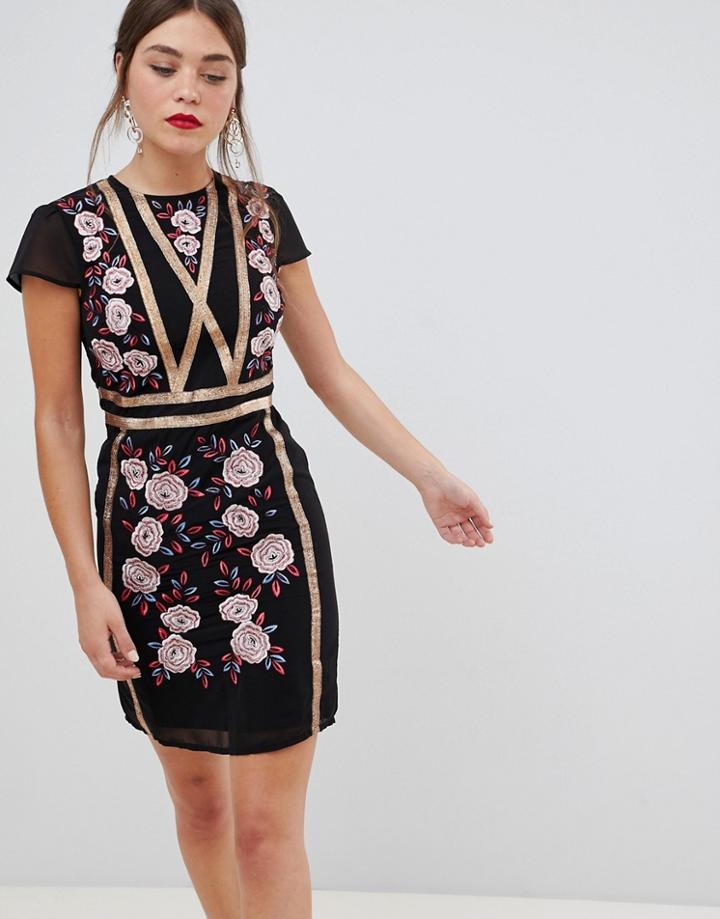 Frock & Frill Short Sleeve Dress With Embroidered Panel-black