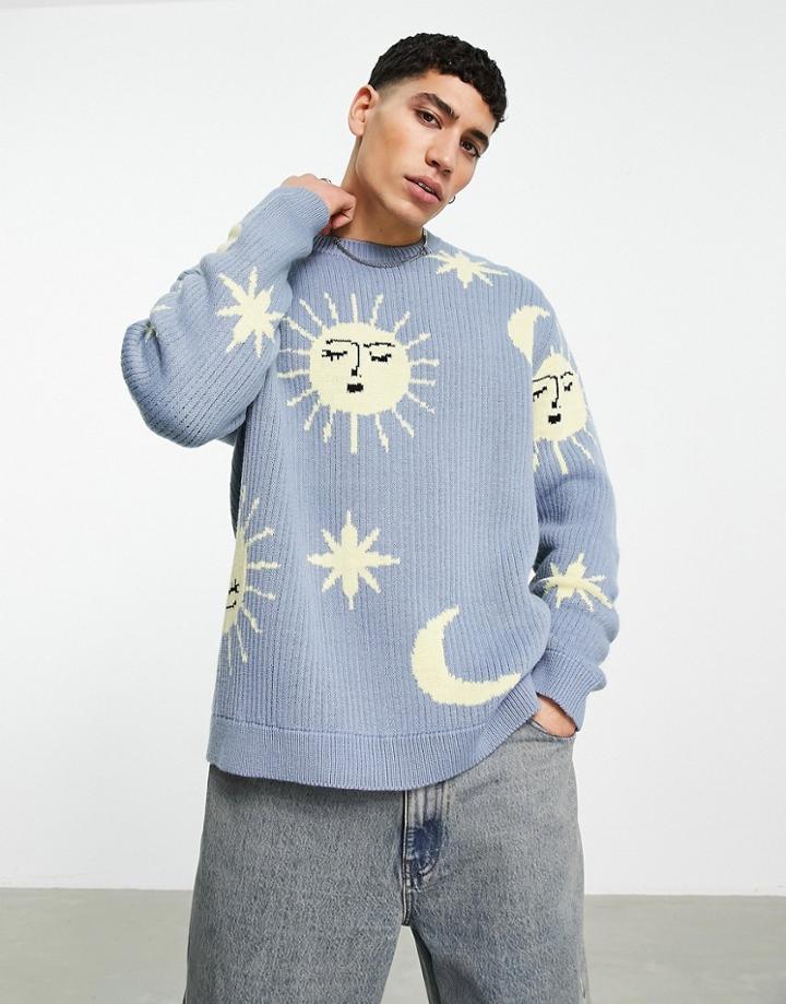 Asos Design Knit Sweater With Sunshine And Cloud Design In Blue