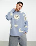 Asos Design Knit Sweater With Sunshine And Cloud Design In Blue