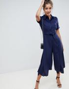 Asos Design Shirt Jumpsuit With Hanky Hem And Belt Detail-navy