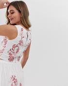 Lace & Beads Floral Embroidered Sleeveless Crop Top Two-piece - White