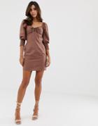 Asos Design Sweetheart Neck Mini Dress With Shirred Cuffs - Brown