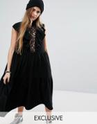 Reclaimed Vintage Midi Dress With Ruffles And Lace Insert - Black