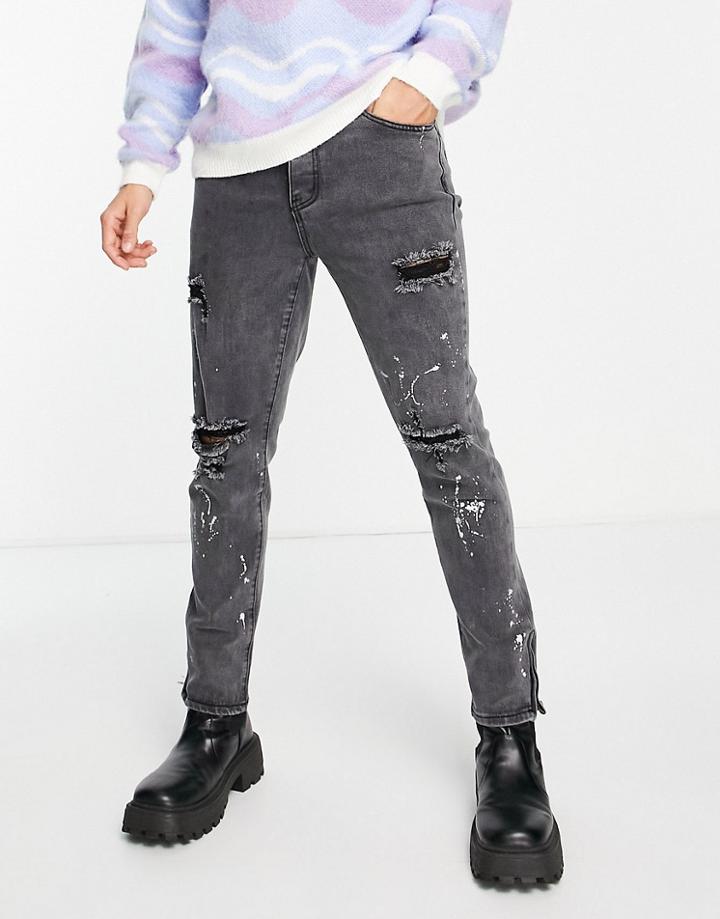 Liquor N Poker Slim Denim Jeans In Washed Black With Paint Splatter Detail
