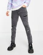 Liquor N Poker Slim Denim Jeans In Washed Black With Paint Splatter Detail