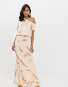 Asos Design One Shoulder Satin Drape Maxi Dress In Brush Stroke Print - Beige