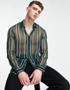 Asos Design Sheer Stripe Shirt In Green And Black