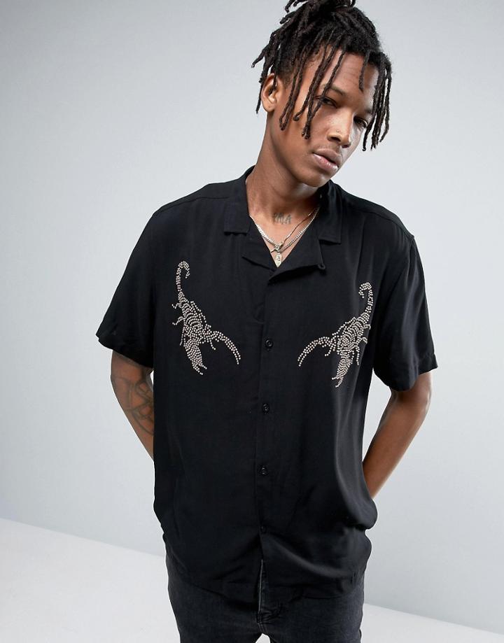 Asos Regular Fit Viscose Shirt With Revere Collar And Scorpion Stud - Black