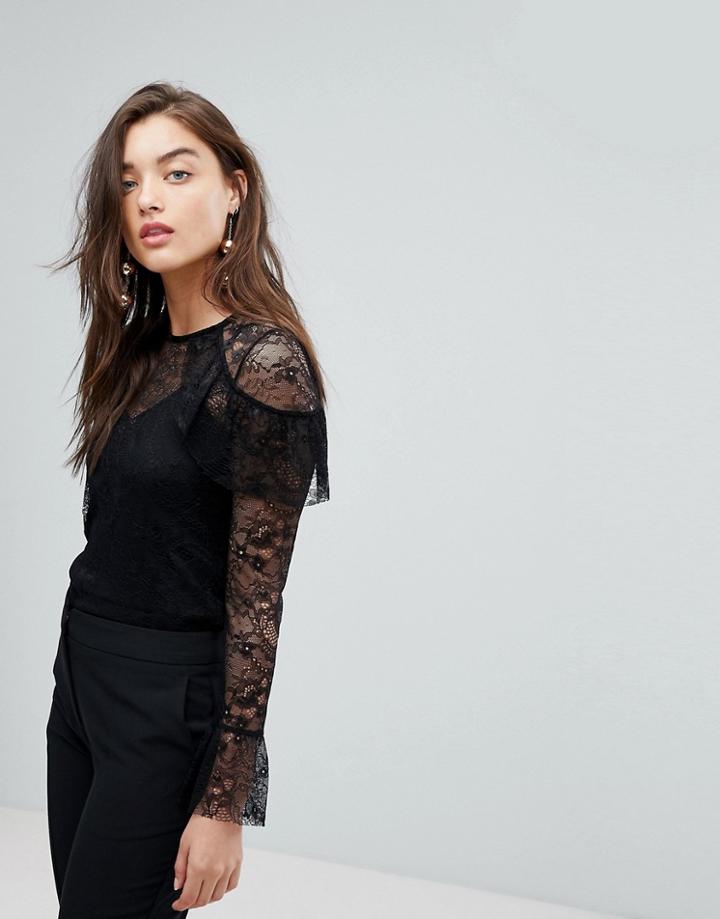 Warehouse Ruffle Shoulder Lace Blouse - Black