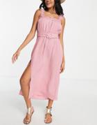 River Island Strappy Belted Midi Beach Dress In Pink