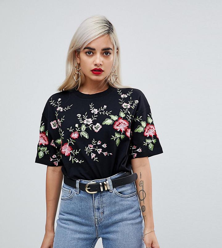 Asos Petite T-shirt With Embroidered Floral Neckline - Black
