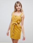 Boohoo Button Through Cord Jumper Dress Mini Dress In Mustard - Yellow