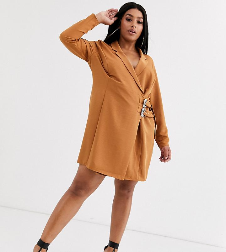 Asos Design Curve Mini Tux Dress With Buckles-brown