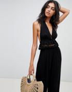 Asos Design Embroidered Plunge Tassel Trim Beach Two-piece Top - Black
