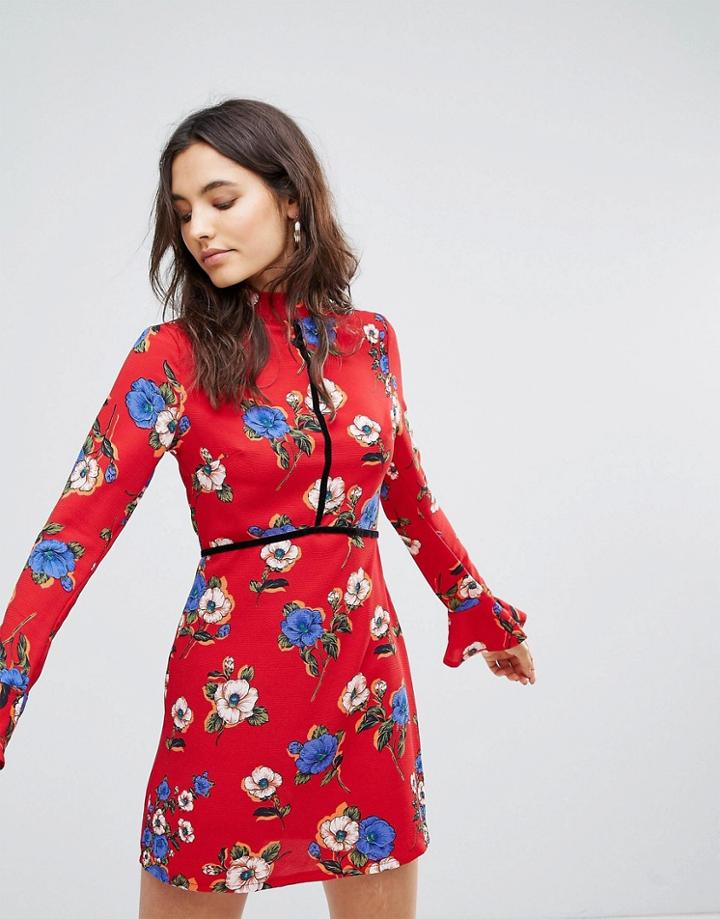 Rage Velvet Piped Trim Floral Dress - Multi