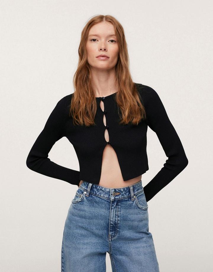 Mango Fine Knit Long Sleeved Half Button Top In Black