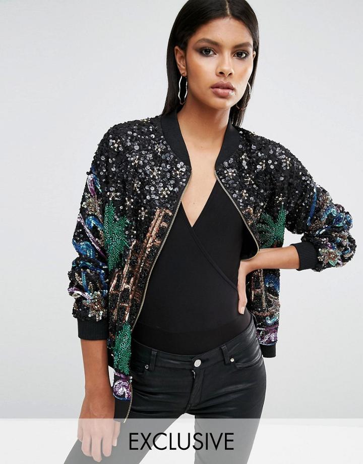 A Star Is Born Embellished Bomber Jacket With Skyline Pattern - Black