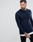 Asos Design Super Longline Muscle Long Sleeve T-shirt In Twisted Rib In Navy - Navy