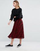 New Look Snake Print Pleated Midi Skirt - Red