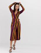 Asos Design Rainbow Stripe Velvet Midi Wrap Dress-multi