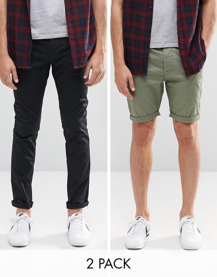 Asos 2 Pack Black Skinny Chinos And Green Skinny Chino Shorts Save 16%