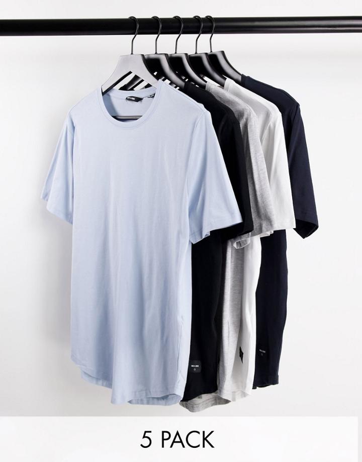 Only & Sons 5 Pack Longline Curve Hem T-shirts-multi