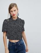 Asos Cropped Blouse With 40s Detail In Polka Dot-multi