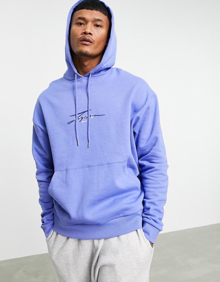 Asos Design Organic Oversized Hoodie With Text And Embroidery Chest Print-blues