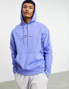 Asos Design Organic Oversized Hoodie With Text And Embroidery Chest Print-blues