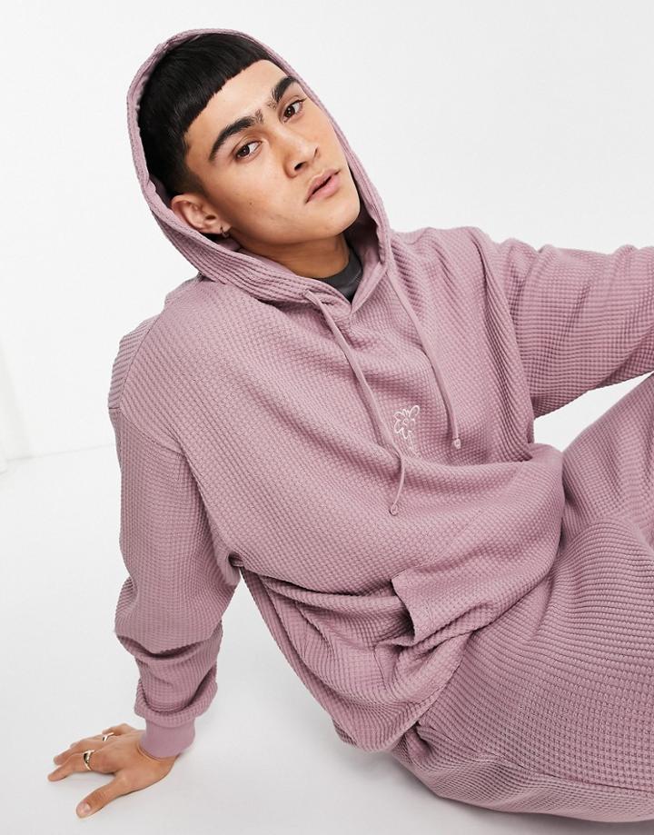 Asos Design Set Oversized Jumbo Waffle Hoodie With Embroidery In Lilac-pink