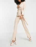 Asos Design Glam Jersey Linen Look Suit Pants With Slit In Oatmeal-neutral