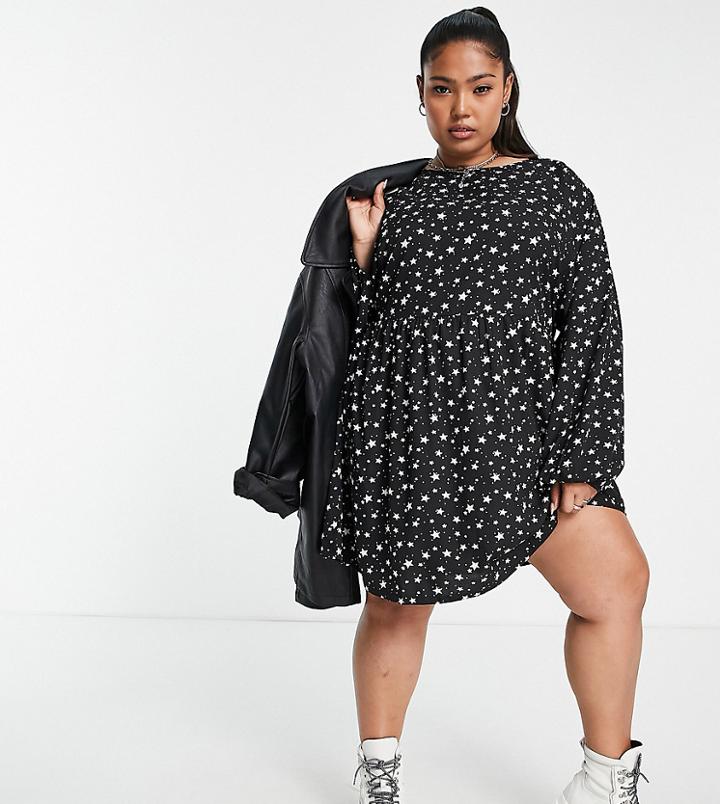Daisy Street Plus Long Sleeve Mini Smock Dress In Star Print-black
