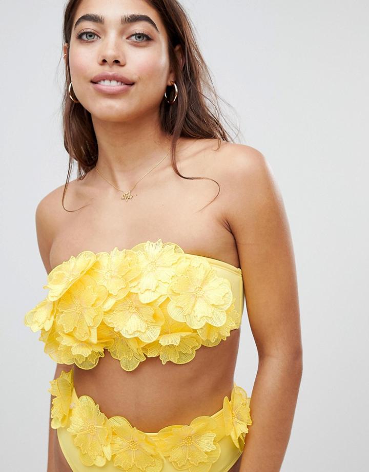 Asos Design 3d Flower Bandeau Bikini Top-yellow