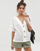 Asos Design Button Through Top In Broderie - White