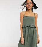 Asos Design Tall Cami Frill Seam Mini Sundress In Khaki-green