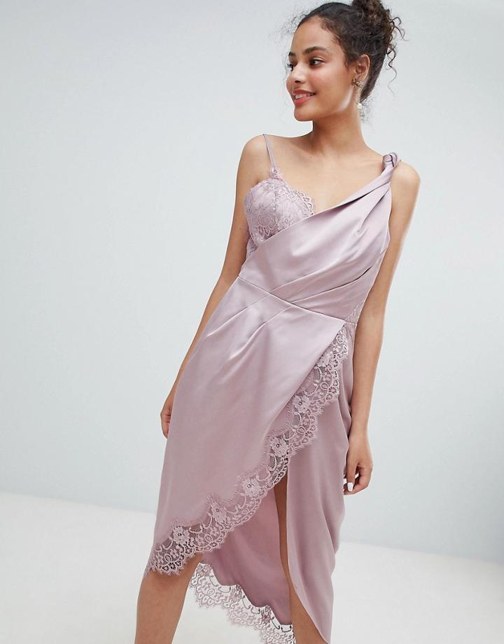 Asos Design Knot Detail Satin Lace Insert Midi Dress - Pink