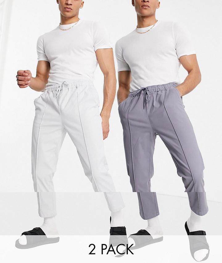 Asos Design 2-pack Slim Chinos With Elastic Waist And Pintuck In Stone And Gray - Save-multi