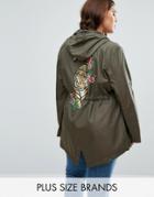 Brave Soul Plus Festival Parka With Tiger Back Print - Green
