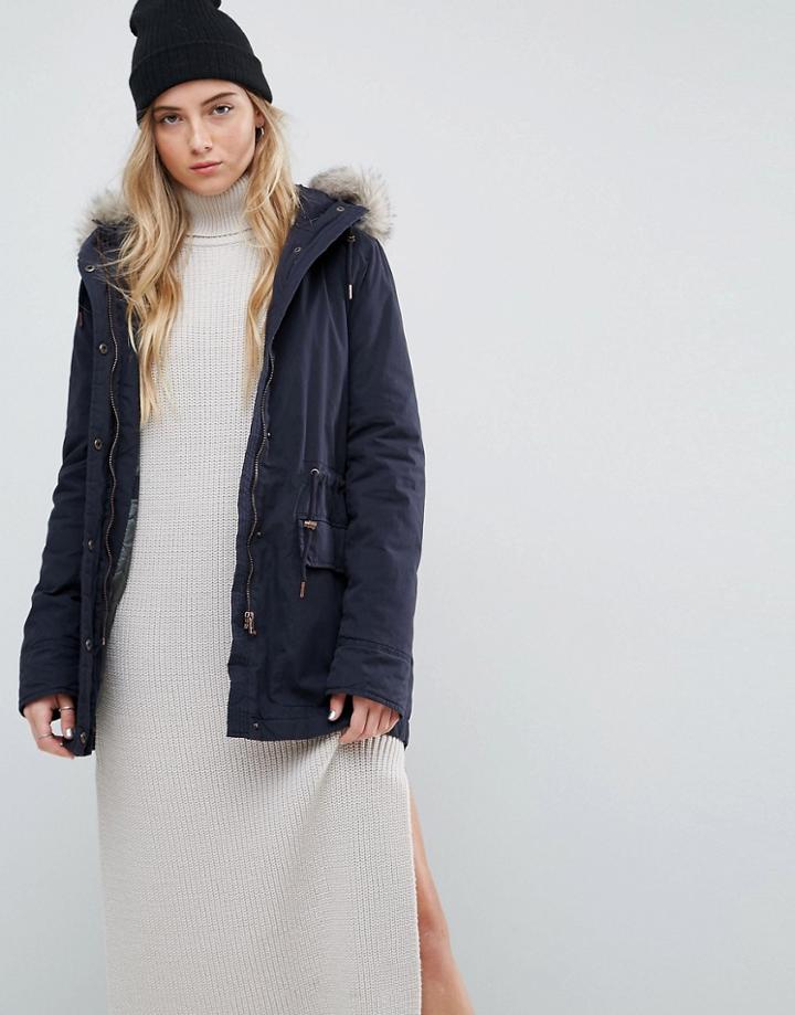 Parka London Alana Faux Fur Trim Parka Coat - Black