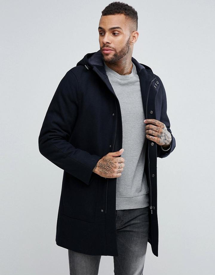 Le Shark Wool Mix Hooded Parka - Navy