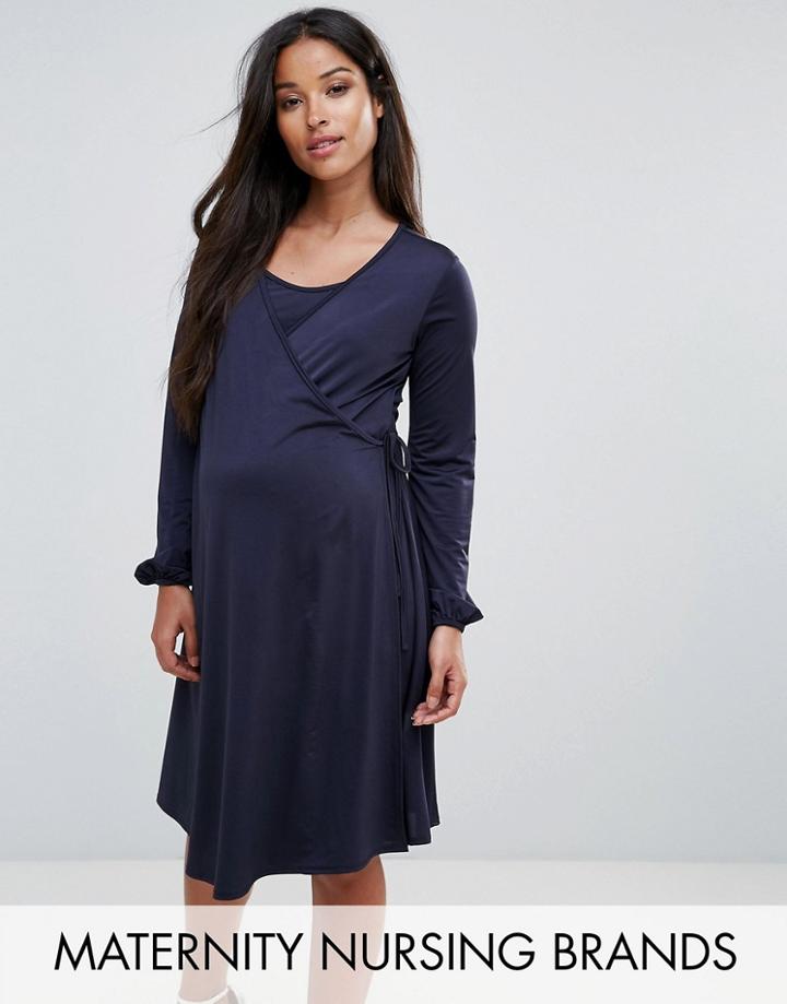 Bluebelle Nursing Wrap Front Dress With Bell Sleeve - Navy