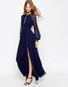 Asos Embellished Trim Long Sleeve Maxi Dress - Navy