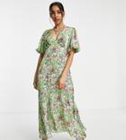 Topshop Petite Sustainable Blend Sketch Floral Midaxi Dress In Green Print