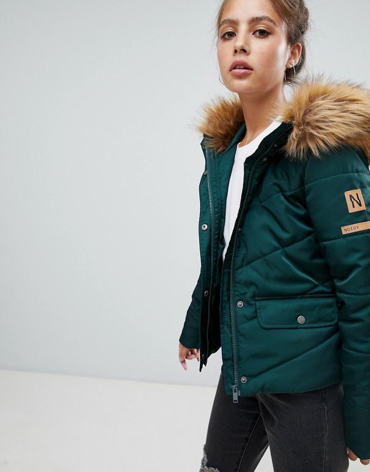 Noisy May Faux Fur Padded Parka - Green