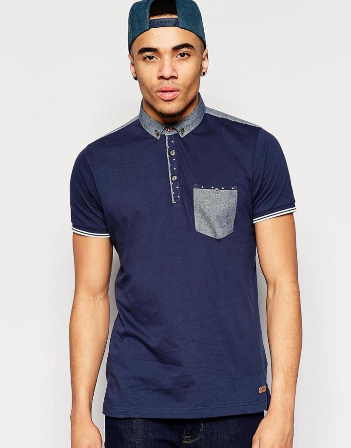 Brave Soul Contrast Pocket Polo - Navy
