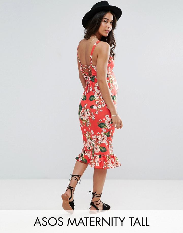 Asos Maternity Tall Midi Sundress With Lace Up Back And Peplum Hem In Red Floral - Multi